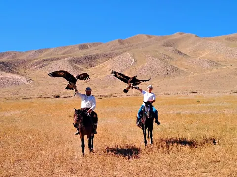 Adlerjäger zu Pferd mit Steinadlern