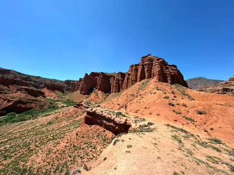 Rote Sandsteintürme in den Canyons am Südufer des Issyk-Kul